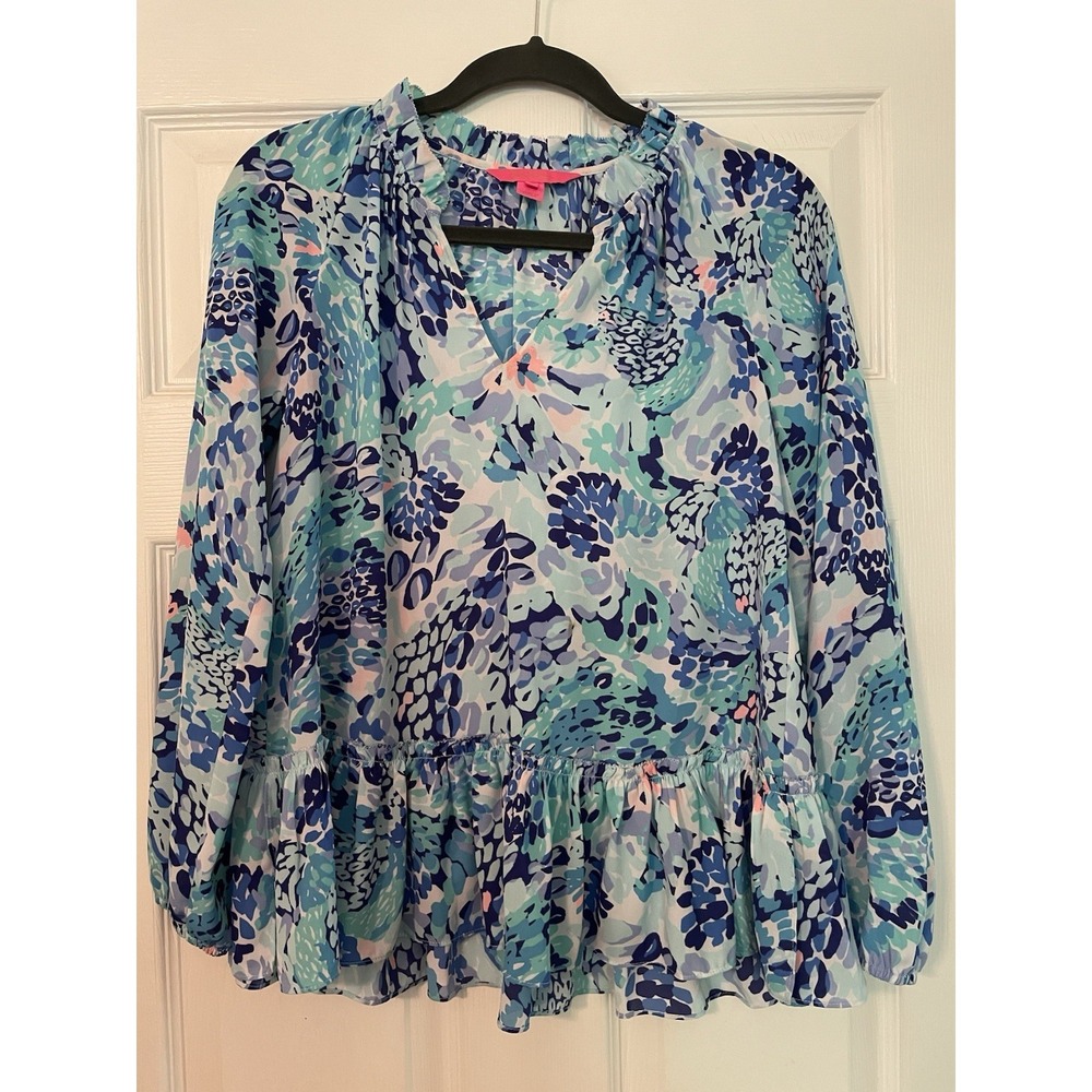 Lilly Pulitzer Savanna Turquoise Oasis Wave After Wave Ruffle Top‎ Size XXSM